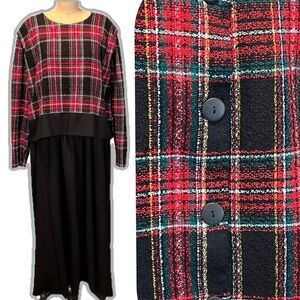 VINTAGE 80s‎ tartan plaid maxi dress 2 piece button back top long sleeve festive